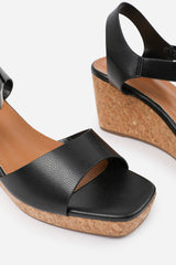 Alvira Wide Fit Black Cork Platform Wedge Sandals