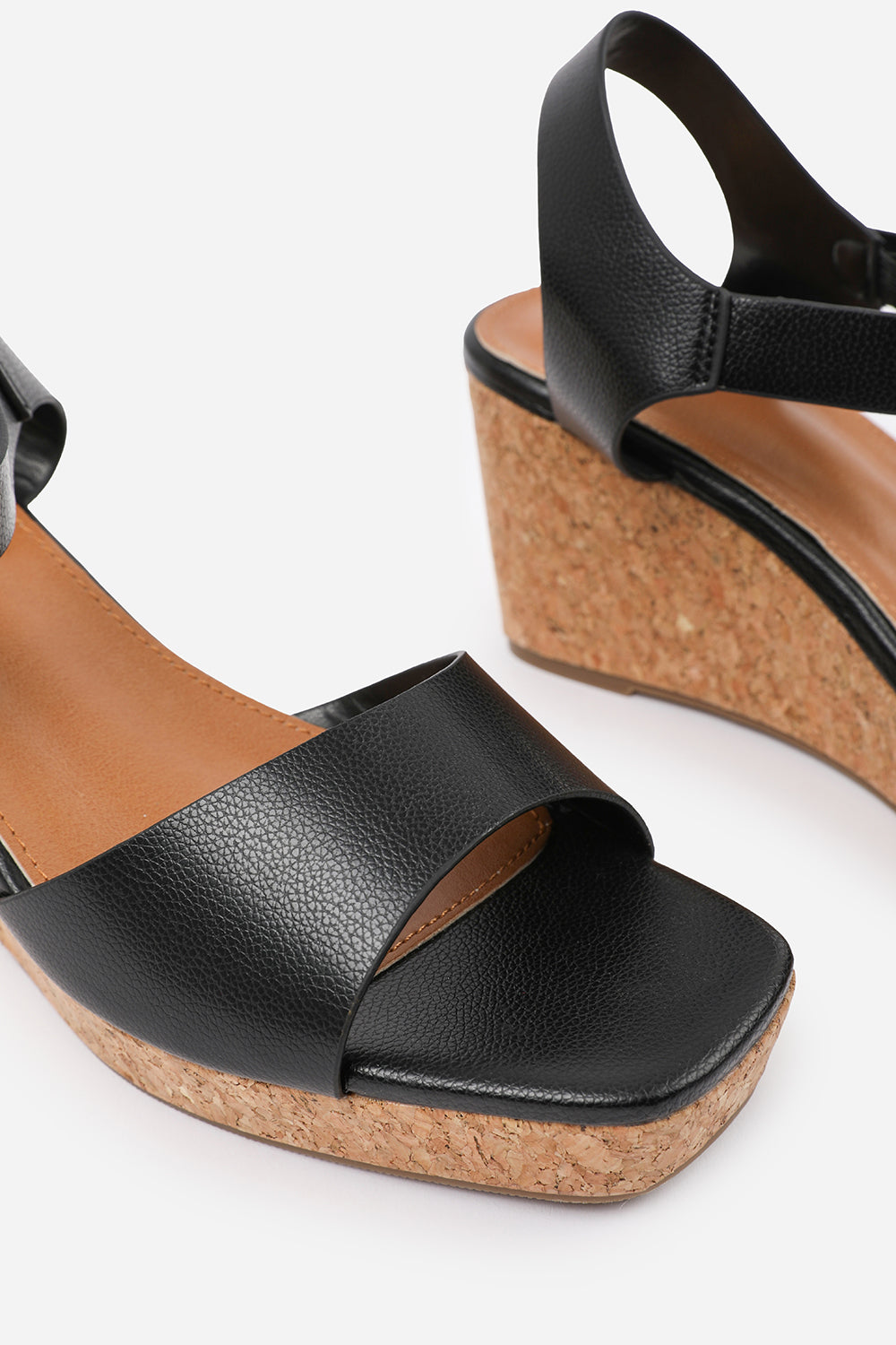 GISELLE  WIDE FIT WEDGE SANDALS WITH BUCKLE ANKLE STRAP IN BLACK GRAIN PU