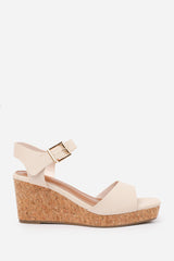 GISELLE  WIDE FIT WEDGE SANDALS WITH BUCKLE ANKLE STRAP IN CREAM GRAIN PU