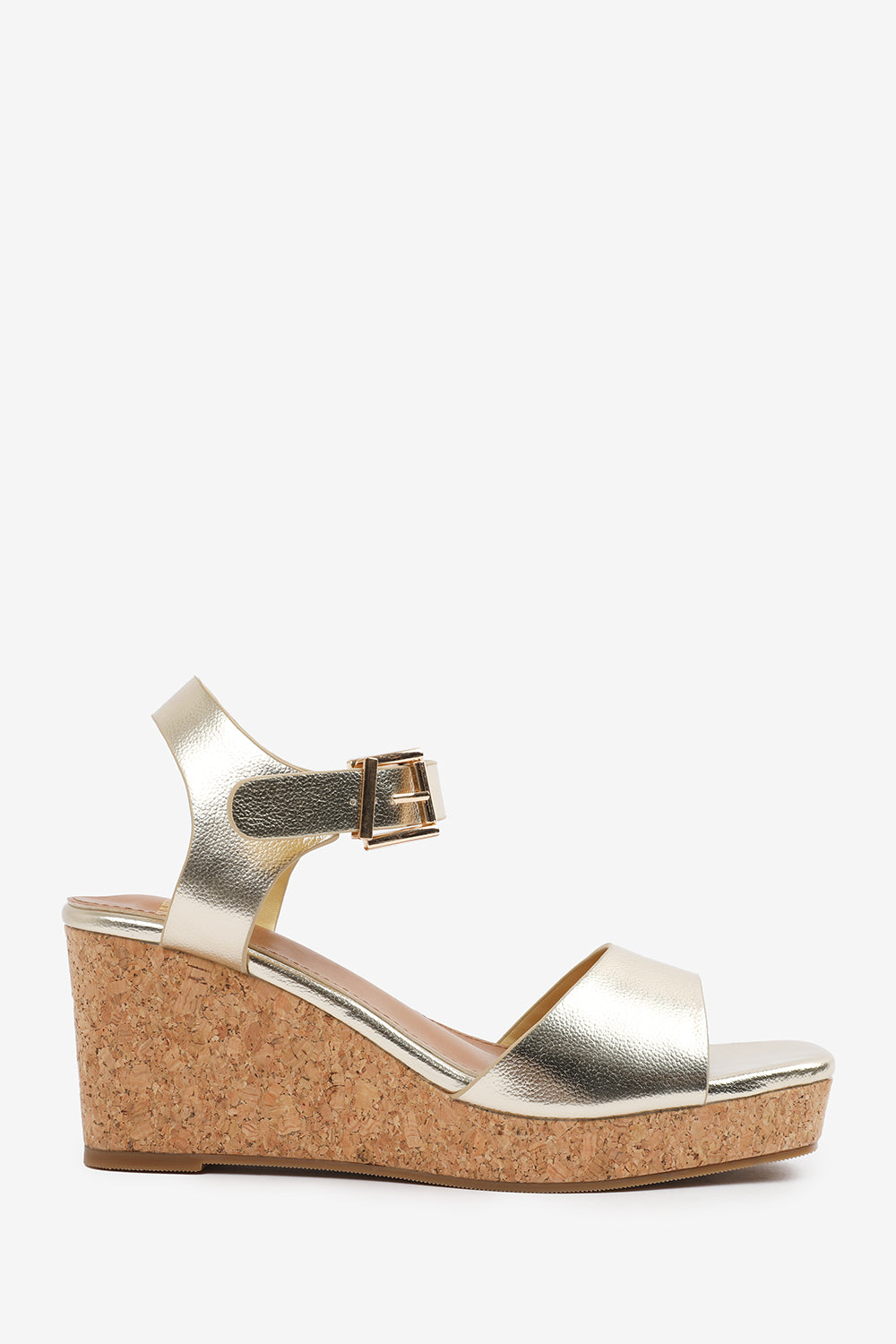 GISELLE  WEDGE SANDALS WITH BUCKLE ANKLE STRAP IN GOLD GRAIN PU