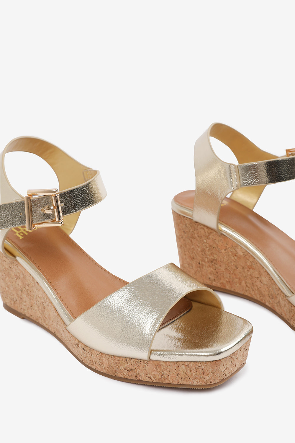 GISELLE  WIDE FIT WEDGE SANDALS WITH BUCKLE ANKLE STRAP IN GOLD GRAIN PU