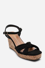 Mystique Platform Knot Detail Black Suede Wedge