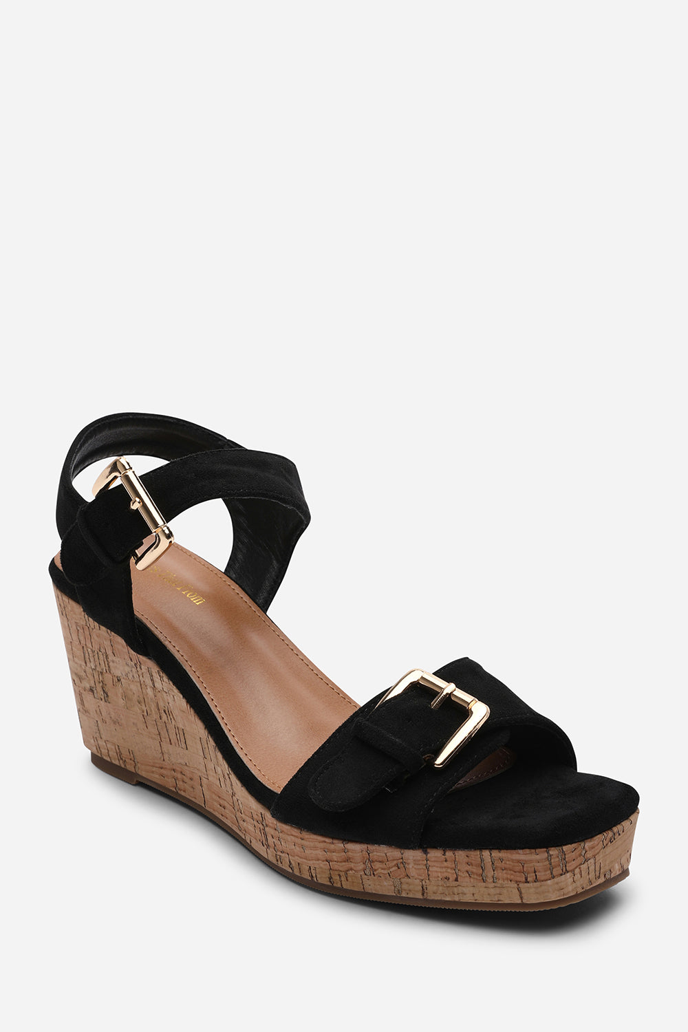Olivine Double Strap Platform Black Suede Wedge