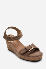Olivine Double Strap Platform Camel Suede Wedge