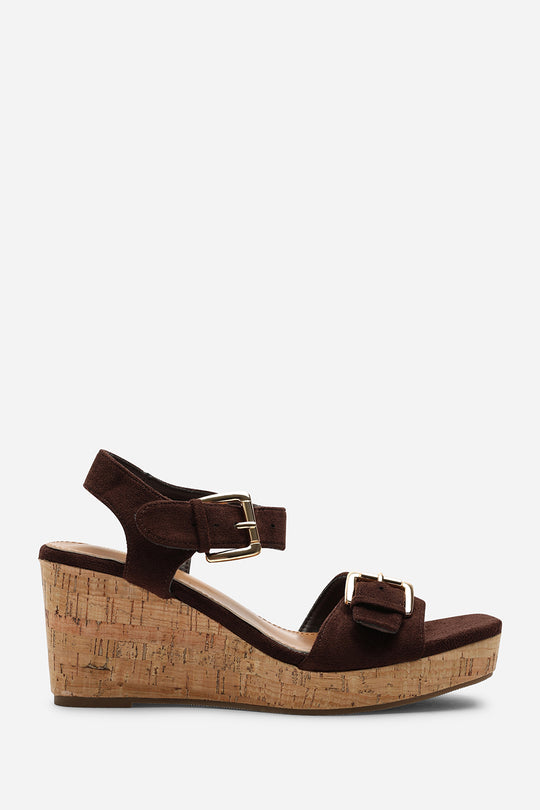 Olivine Double Strap Platform Dark Brown Suede Wedge