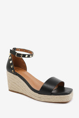 Seriva Black Studded Ankle Strap Espadrille Wedge