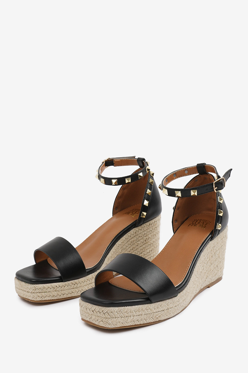 Seriva Black Studded Ankle Strap Espadrille Wedge
