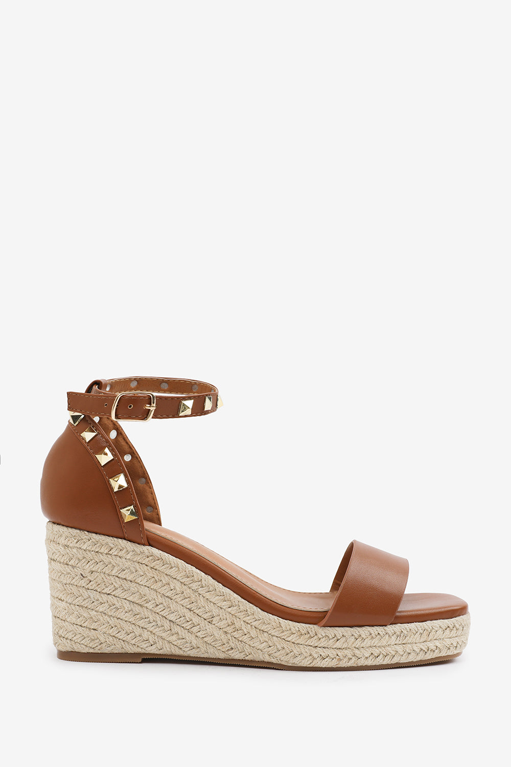 Seriva Tan Studded Ankle Strap Espadrille Wedge