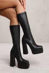 GWEN BELOW KNEE BLOCK HEEL PLATFORM BOOT IN BLACK