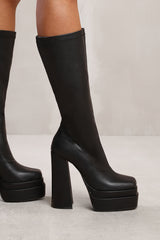 GWEN BELOW KNEE BLOCK HEEL PLATFORM BOOT IN BLACK