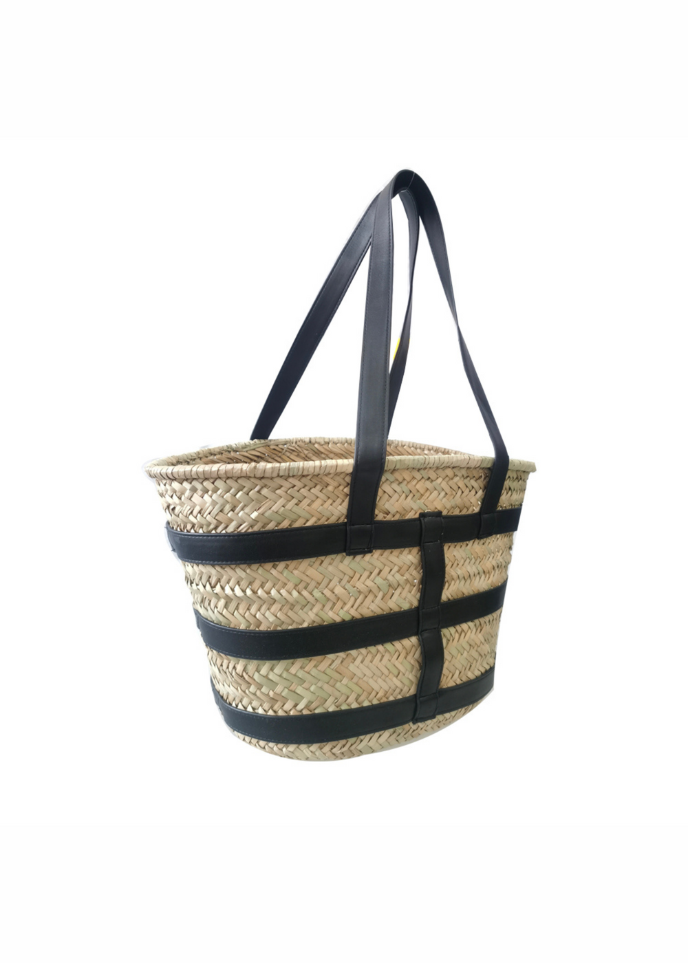 OCEAN RATAN BEACH BAG WITH PU STRAP DETAILING IN BLACK FAUX LEATHER