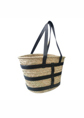 OCEAN RATAN BEACH BAG WITH PU STRAP DETAILING IN BLACK FAUX LEATHER