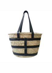 OCEAN RATAN BEACH BAG WITH PU STRAP DETAILING IN BLACK FAUX LEATHER