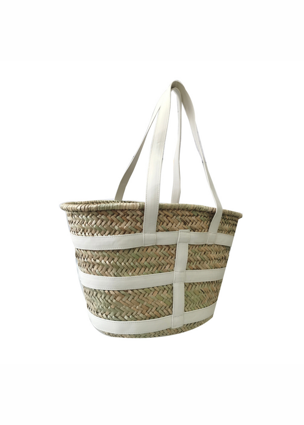 OCEAN RATAN BEACH BAG WITH PU STRAP DETAILING IN WHITE FAUX LEATHER