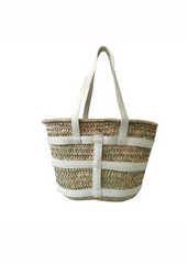 OCEAN RATAN BEACH BAG WITH PU STRAP DETAILING IN WHITE FAUX LEATHER