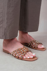 EDRIAH STUDDED GLADIATOR SANDALS WITH METALLIC STUDS IN TAN