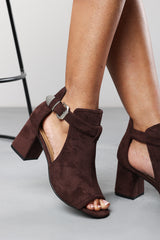 Lisa Block Heel With Side Buckle And Open Toe Front In Dark Brown Suede