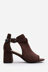 Lisa Block Heel With Side Buckle And Open Toe Front In Dark Brown Suede