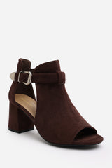 Lisa Block Heel With Side Buckle And Open Toe Front In Dark Brown Suede