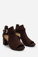 Lisa Block Heel With Side Buckle And Open Toe Front In Dark Brown Suede