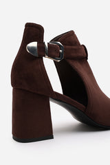 Lisa Block Heel With Side Buckle And Open Toe Front In Dark Brown Suede