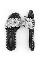 POPPY WIDE FIT DIAMANTE SPARKLY FLAT SLIDERS IN BLACK