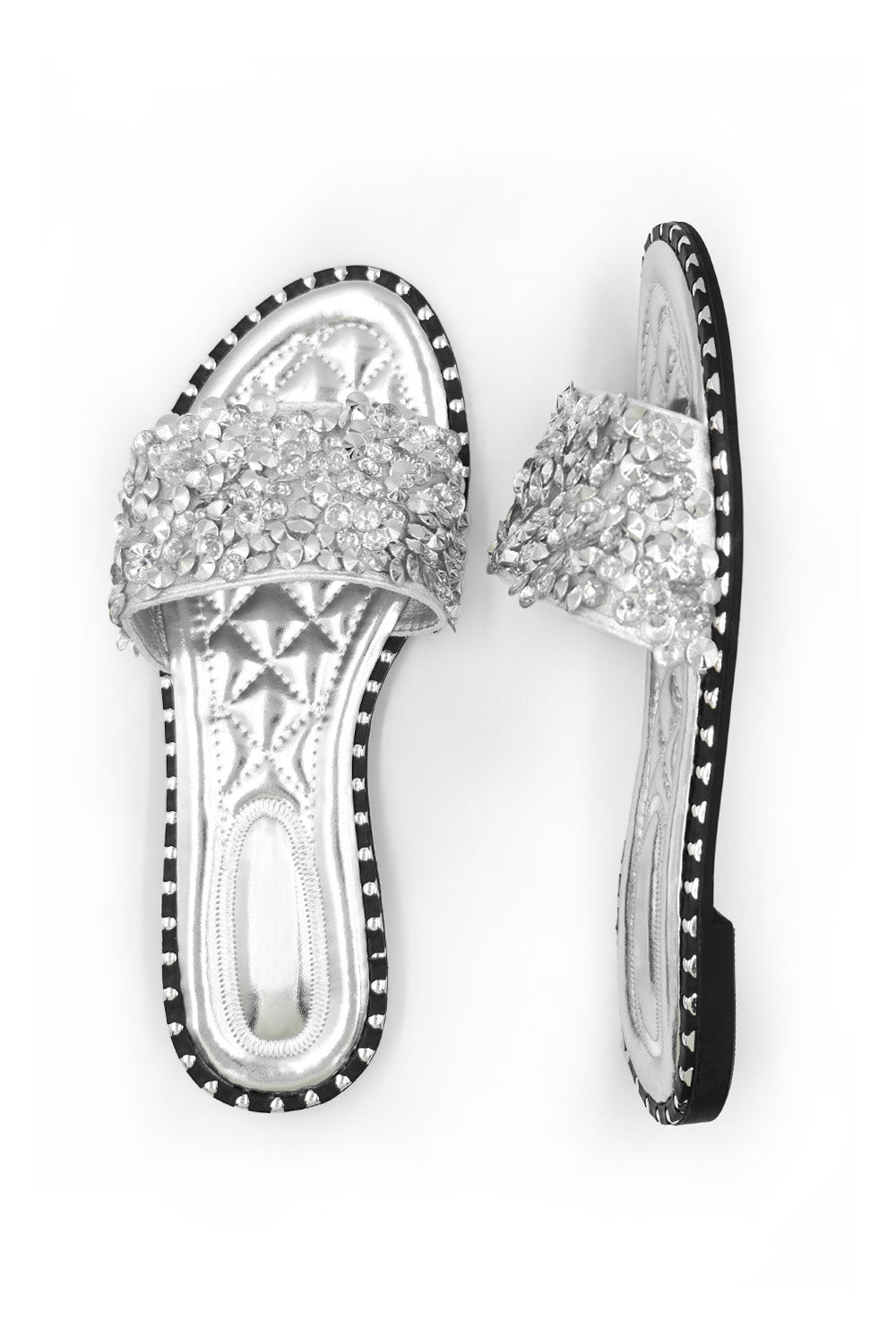 Mariva Silver Diamante Beaded Flat Slider Sandals With Padded Footbed