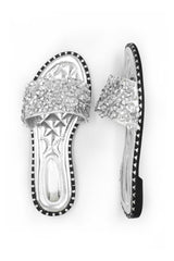 POPPY WIDE FIT DIAMANTE SPARKLY FLAT SLIDERS IN MOON SILVER