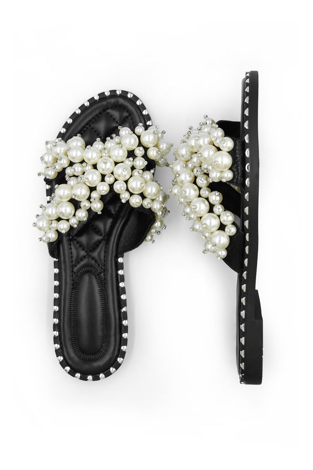 EVE PEARL EMBELLLISHED FLAT SLIDER SANDALS IN BLACK