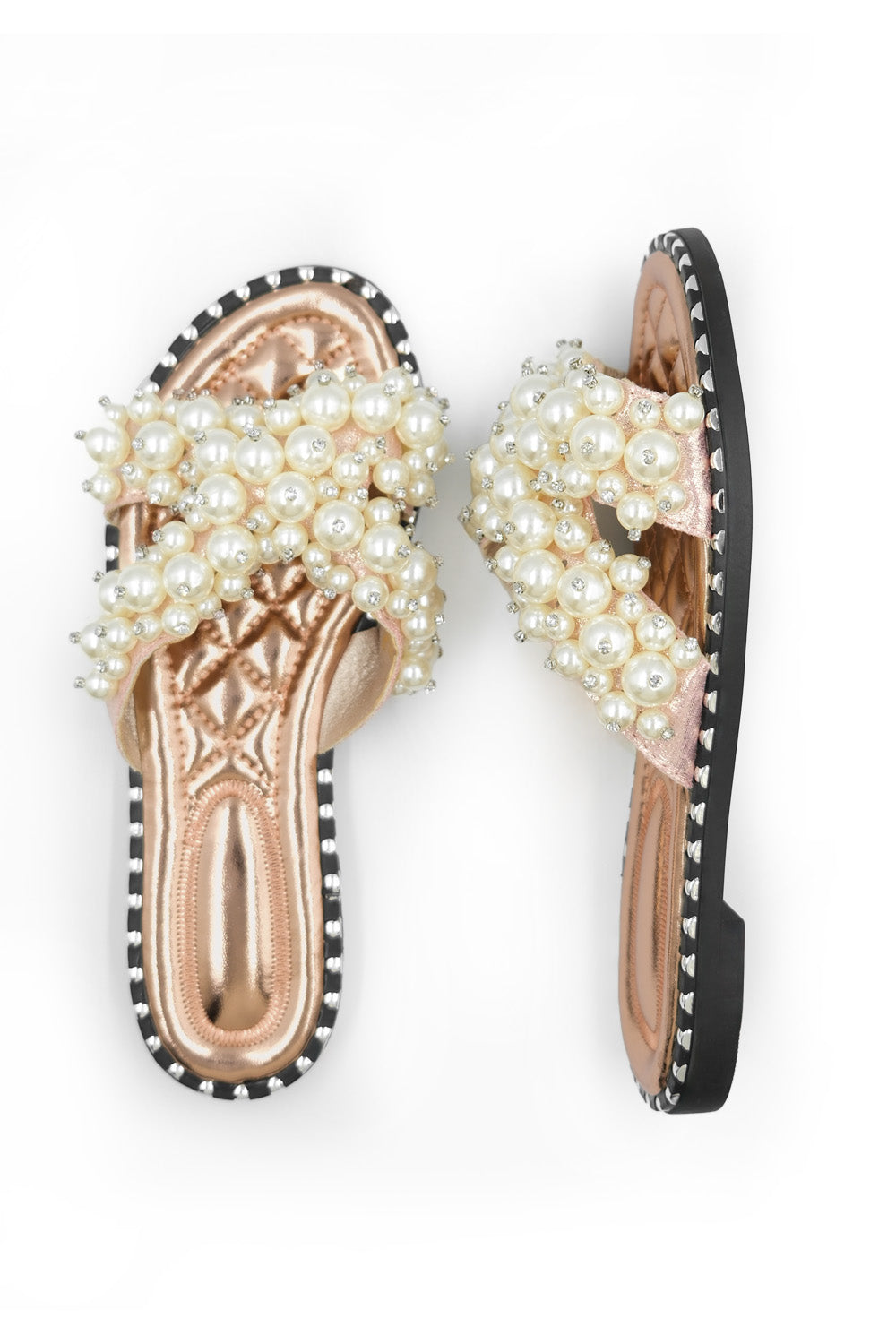 EVE PEARL EMBELLLISHED FLAT SLIDER SANDALS IN ROSE GOLD