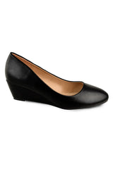 KIERAN WIDE FIT PLATFORM LOW WEDGE MID HEEL COURT SHOES IN BLACK FAUX LEATHER