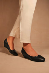 KIERAN WIDE FIT PLATFORM LOW WEDGE MID HEEL COURT SHOES IN BLACK FAUX LEATHER