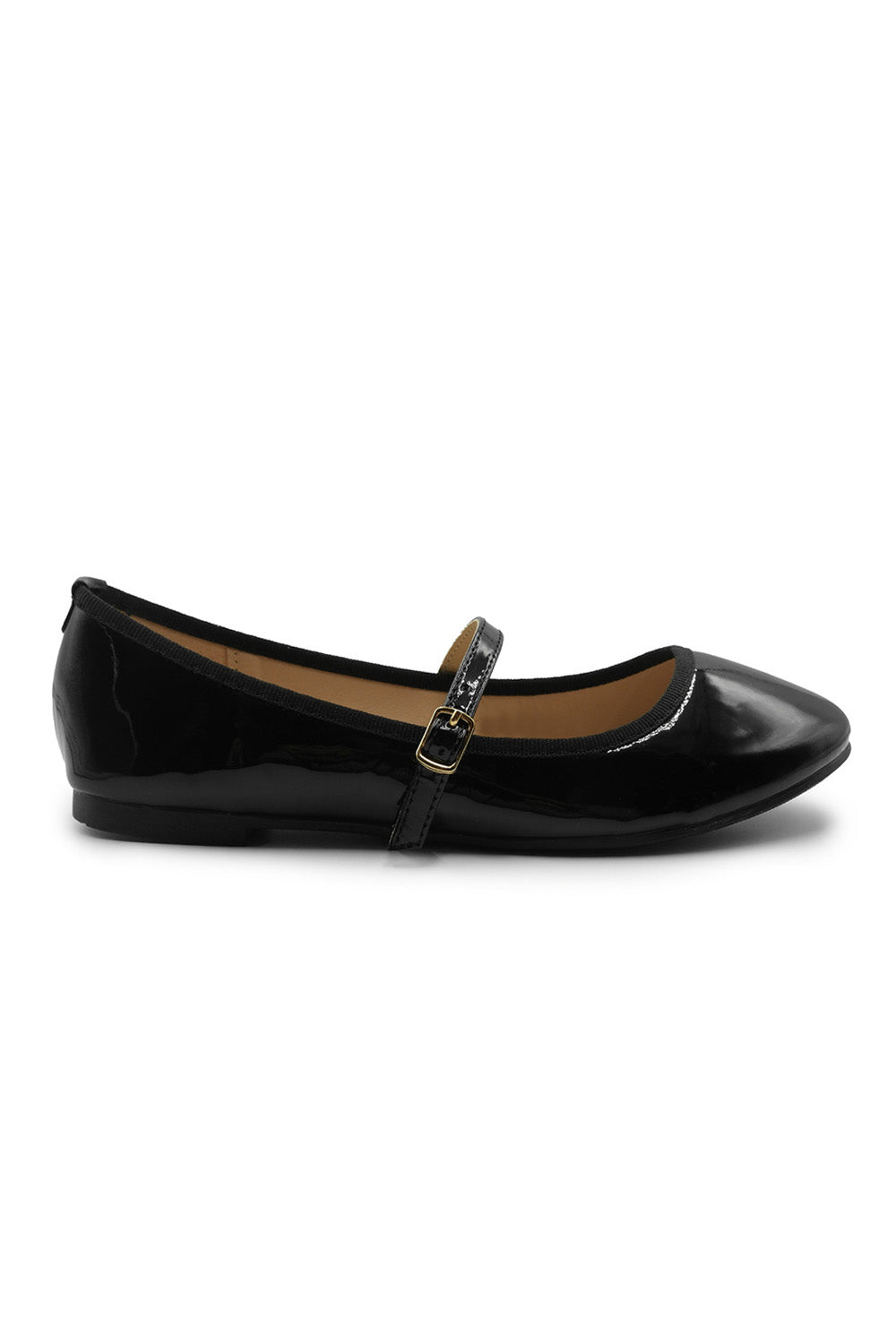 JOSIE BALLERINA FLATS WITH STRAP DETAIL IN BLACK PATENT