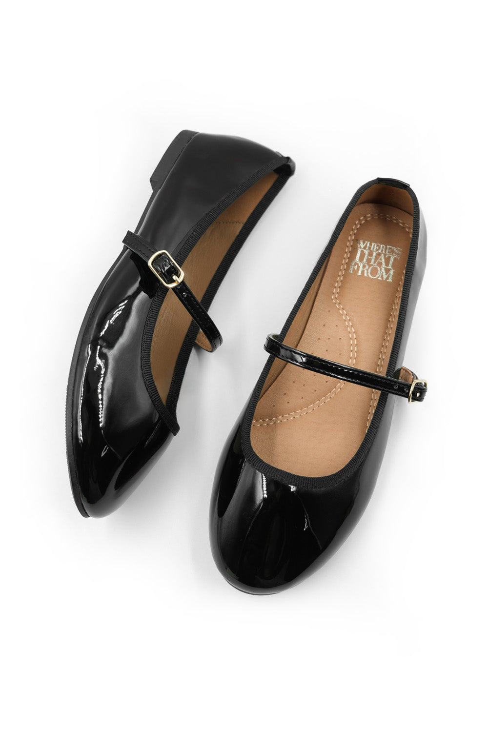 JOSIE BALLERINA FLATS WITH STRAP DETAIL IN BLACK PATENT