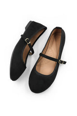 JOSIE BALLERINA FLATS WITH STRAP DETAIL IN BLACK SUEDE