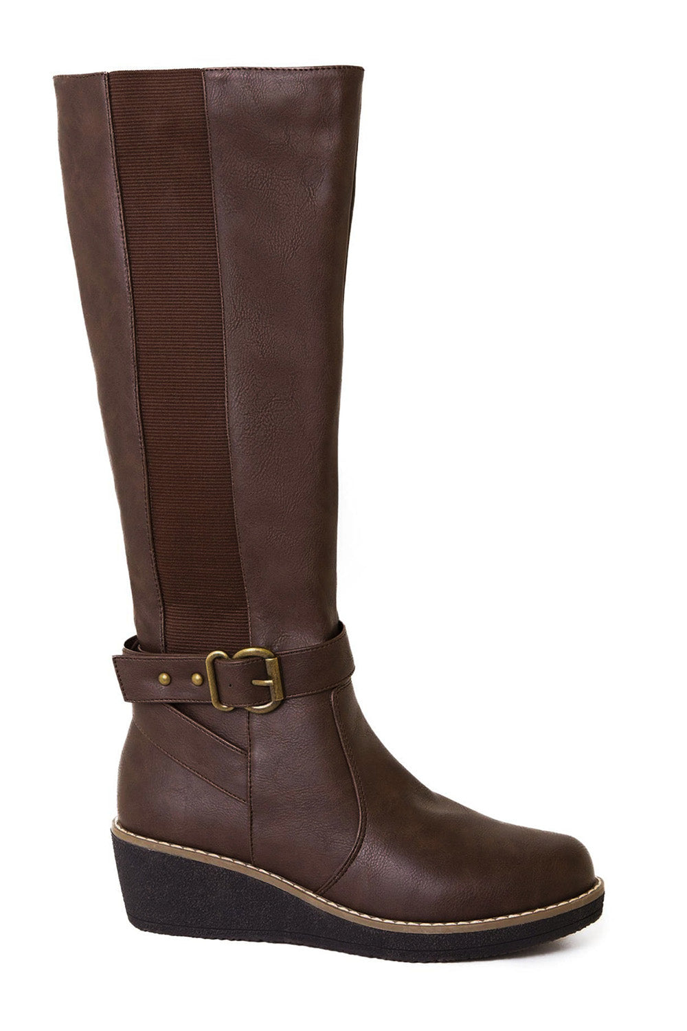 AYLEEN WEDGE HEEL KNEE HIGH BOOTS WITH ELASTIC PANEL IN BROWN FAUX LEATHER