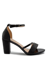 PERLA MID HIGH BLOCK HEEL SANDALS WITH ANKLE STRAP IN BLACK GLITTER