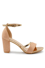 Perla Wide Fit mid high block heel sandals with ankle strap in RoseGold