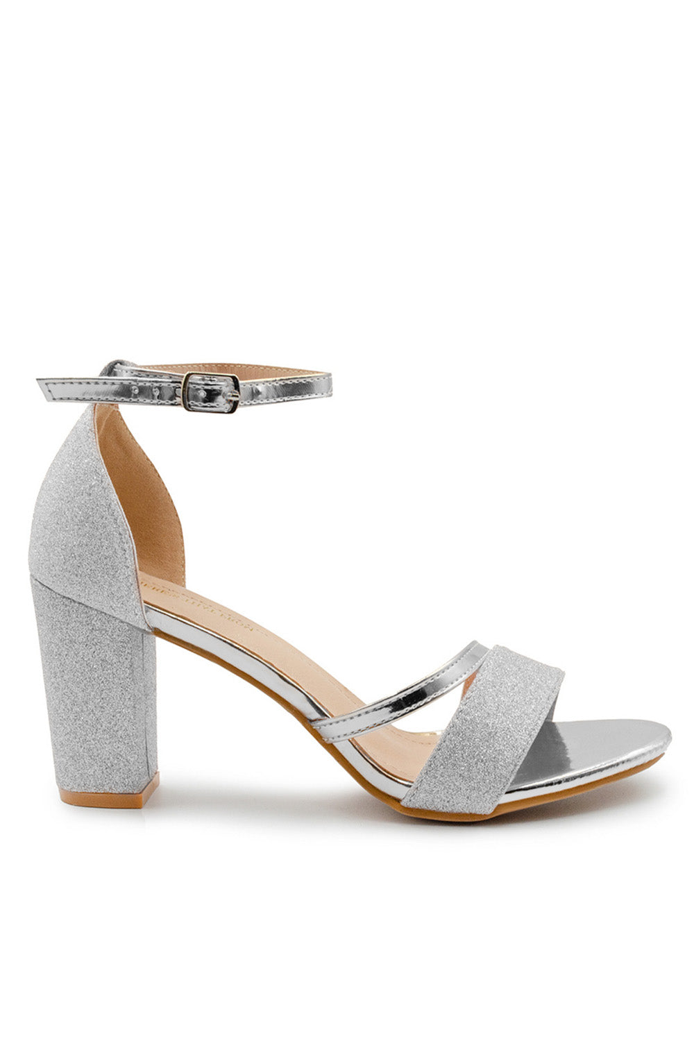 PERLA MID HIGH BLOCK HEEL SANDALS WITH ANKLE STRAP IN MOON SILVER GLITTER