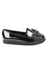 XENA WIDE FIT FLAT BALLET SLIDER WITH BOW IN BLACK PATENT