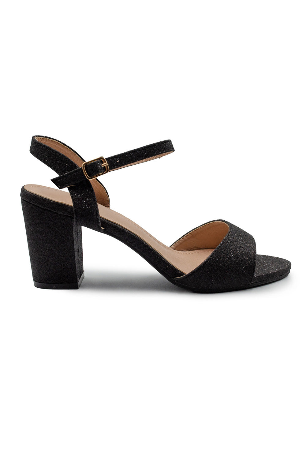 PAITYN BUCKLE UP LOW BLOCK HEEL SANDAL IN BLACK GLITTER