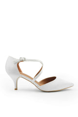 KENNEDI LOW KITTEN HEEL WITH CROSSOVER STRAP IN OFF WHITE SATIN SILK