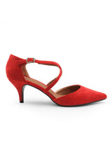 KENNEDI LOW KITTEN HEEL WITH CROSSOVER STRAP IN ROUGE RED SUEDE