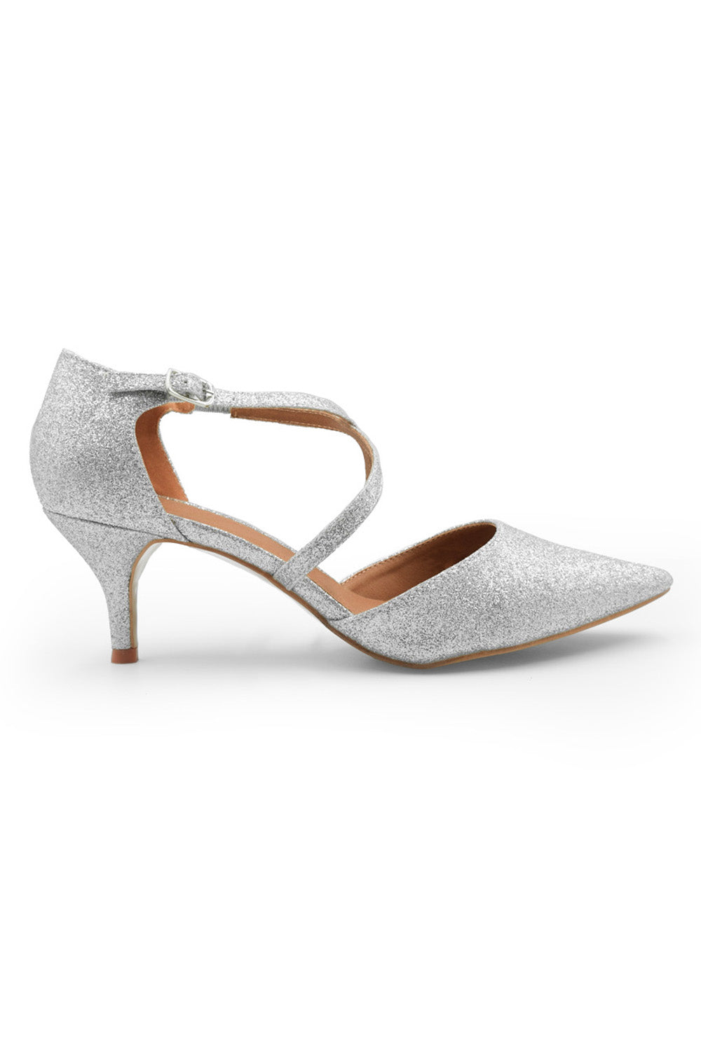 KENNEDI LOW KITTEN HEEL WITH CROSSOVER STRAP IN SILVER GLITTER