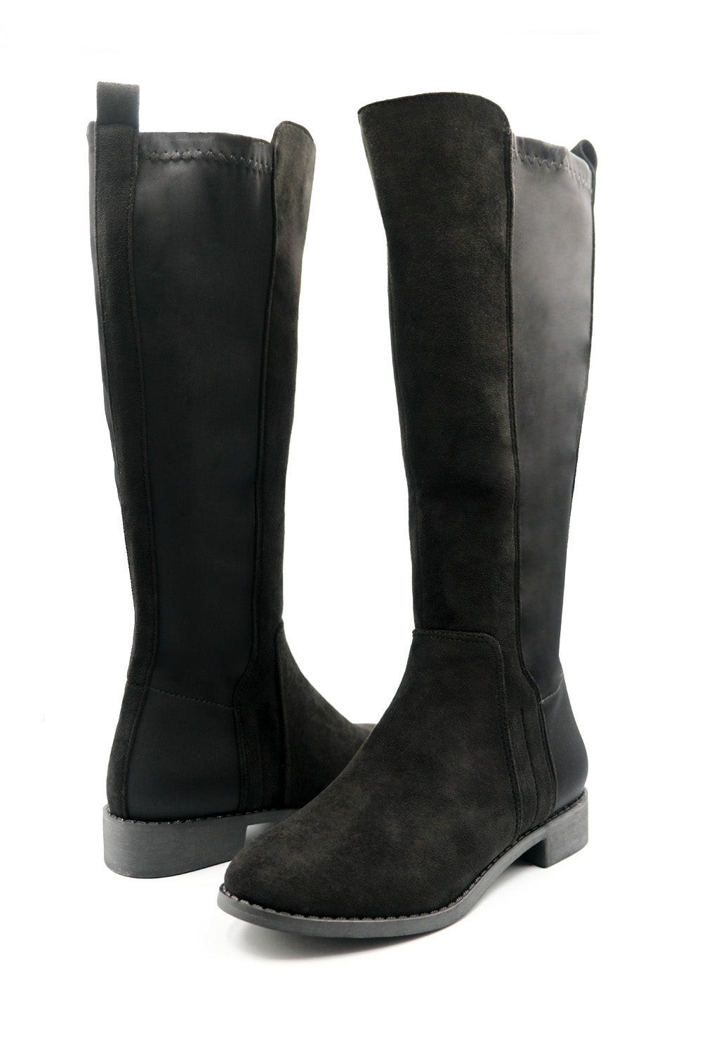 Jirelle Black Suede Round Toe Knee High Boots with Side Zip Closure