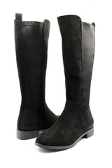 Jirelle Black Suede Round Toe Knee High Boots with Side Zip Closure