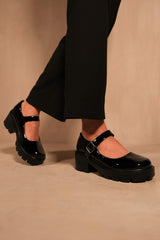 RYLEE CHUNKY PLATFORM BLOCK HEEL RETRO SHOES IN BLACK PATENT