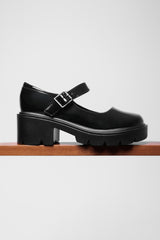 RYLEE CHUNKY PLATFORM BLOCK HEEL RETRO SHOES IN BLACK FAUX LEATHER