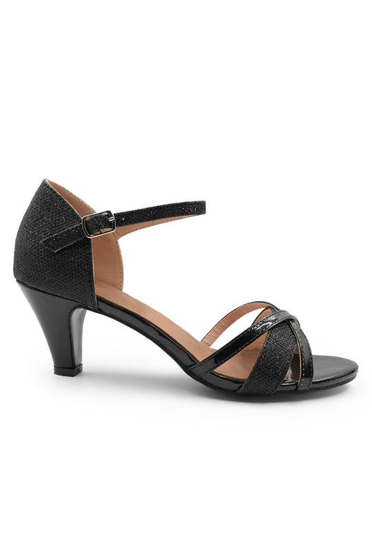 AMANDA MID HIGH HEEL WITH BUCKLE ANKLE STRAP IN BLACK GLITTER