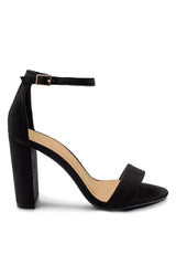 SKYE STRAPPY BLOCK HEELS WITH BUCKLE IN BLACK SUEDE